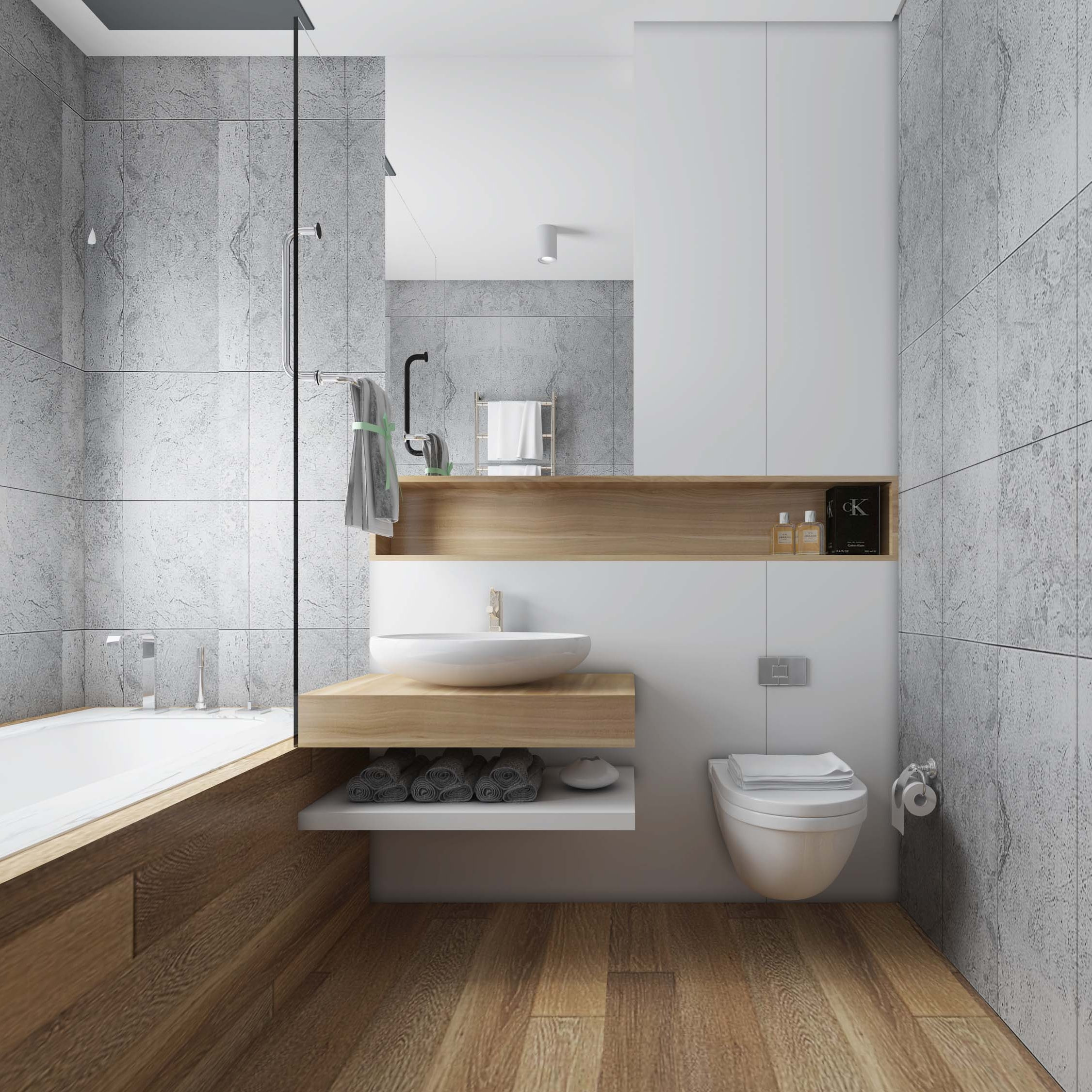Wood & Marble Design in Bathroom 